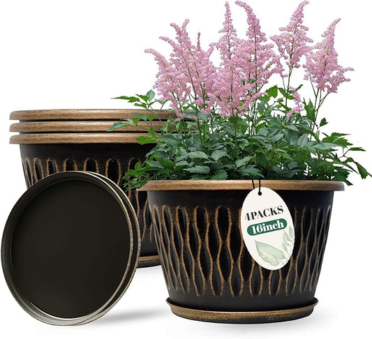 4 Pack 16 Inch Retro Plant Pots, Vintage Striped Flower Pots with Drainage Hole & Saucer, Large Plastic Planters for Indoor and Outdoor Plants, Decorative Garden Pots(Gold)