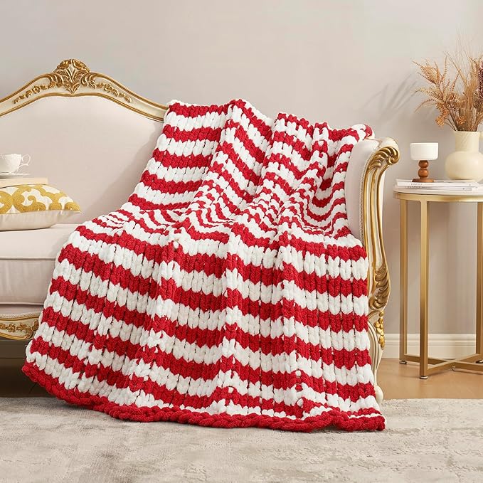 Amélie Home Chunky Knit Blanket Throw, Thick Soft Yarn Chunky Throw 50x60, Handmade Chenille Cable Knitted Crochet Throw Blanket, Warm Rope Knot Blanket for Couch Bed Sofa, Red White Stripe