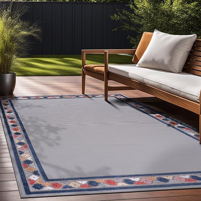 Beverly Rug Outdoor Rug 4x6 Modern Bordered Area Rugs for Indoor and Outdoor Patio Easy to Clean Non Shedding Living Room Porch Garden Washable Outside Carpet (4 x 6 Gray)