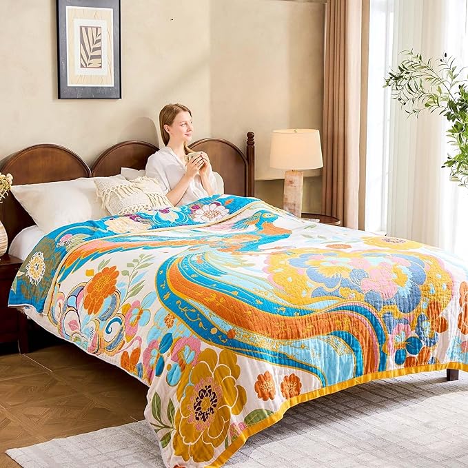 Boho Throw Blanket, Lightweight Blankets for Summer, 100% Cotton Bohemian Decorative Throw Blanket, 90"x98" Reversible Muslin Breathable Woven Farmhouse Blankets Quilt,