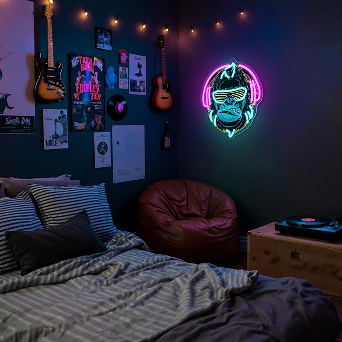 Headphones Gorilla Neon Sign Dimmable Kong Led Neon Light for Wall Decor,Game Room,Man Cave,Home Party Bar Decor,USB Powered Led Sign