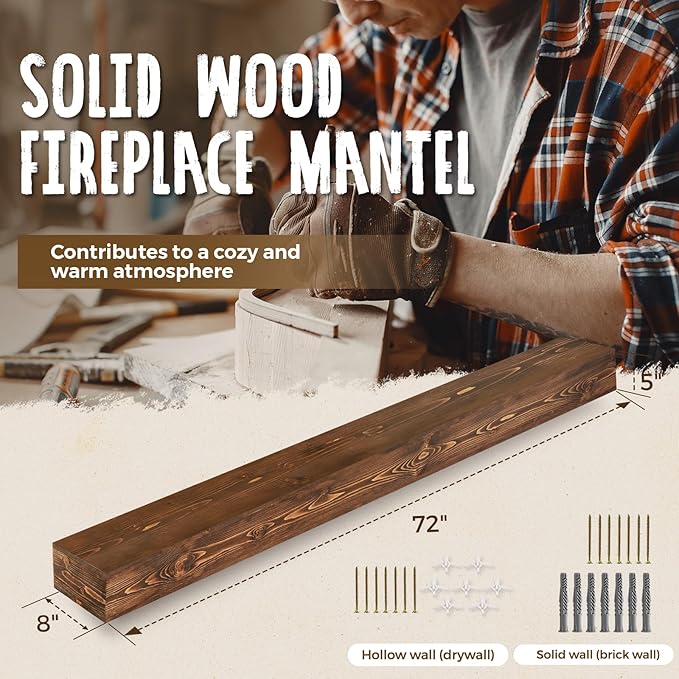 72x8x5 Fireplace Mantel - Handcrafted Hollow Rustic Solid Wood Wall Mounted Floating Shelf with Invisible Heavy Duty Wood Bracket (Weathered Brown)