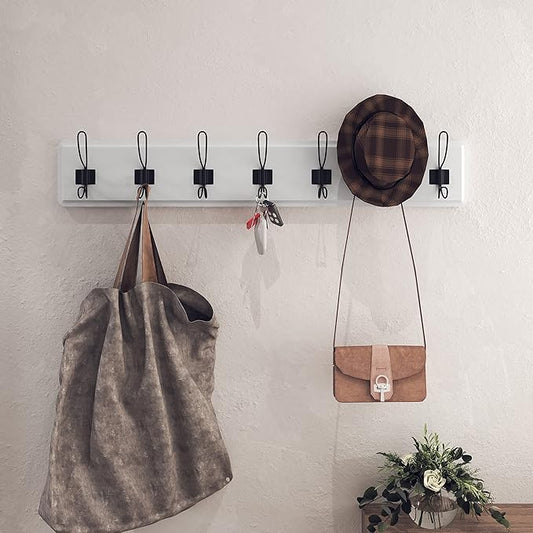 HBCY Creations White Solid Wood Wall Mounted Coat Rack with Shelf, 7 Hooks, 34" Long - Kitchen, Mudroom, Entryway, Bathroom - Includes Mounting Hardware, Coat Hanger, Dog Leash Hooks, Towel Rack