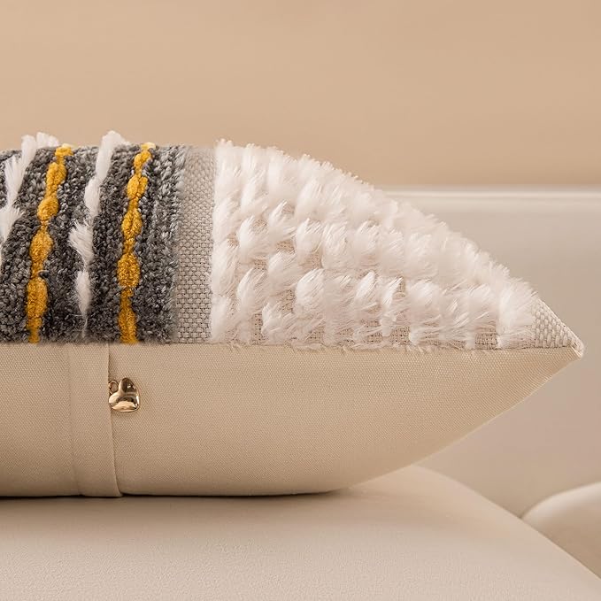 Boho Chenille Tufted Couch Throw Pillow Covers 18x18 Inch Set of 2 Farmhouse Striped Decorative Pillow Covers Accent Neutral Pillowcase Grey Yellow Cushion Cover for Living Room Sofa Bed