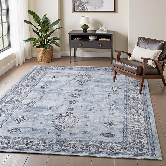 AMOAMI-Vintage Area Rug 3x5 Blue Rugs for Living Room-Soft Washable Rug Non Slip Entryway Rug Indoor Vintage Throw Accent for Bedroom Laundry Room Dining Bathroom Bedside