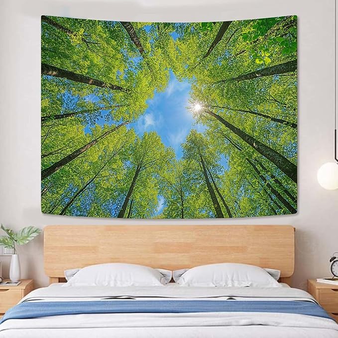 AMM Nature Forest Tree Celling Tapestry Lush Green Treetops Sunlit Tapestry for Bedroom Aesthetic Sky Sunlight Canopy Leaves Landscape Tapestries Wall Hanging for Living Room Dorm Office 60 x 44 Inch