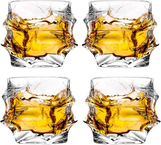 12 oz Hand Blown Crystal Whiskey Glasses Set of 4, Unique Cognac Glass, Heavy Thick Bottom Bar Glass for Scotch Bourbon Rum Gin Water Cocktail,Gifts Men Gifts Ideas