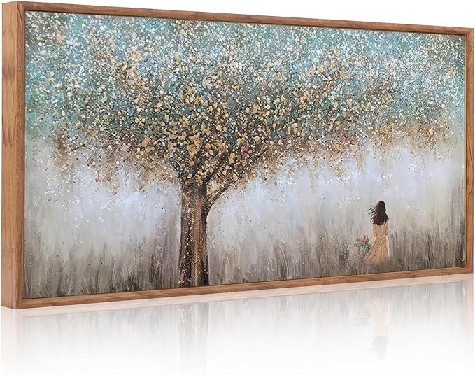 Aurlan Tree of Life Hand Painted Framed Wall Decor(40"x20"), Large Abstract Girl under Tree Oil Painting Canvas Artwork, Modern Nature Landscape Art for Office Living Room Bedroom