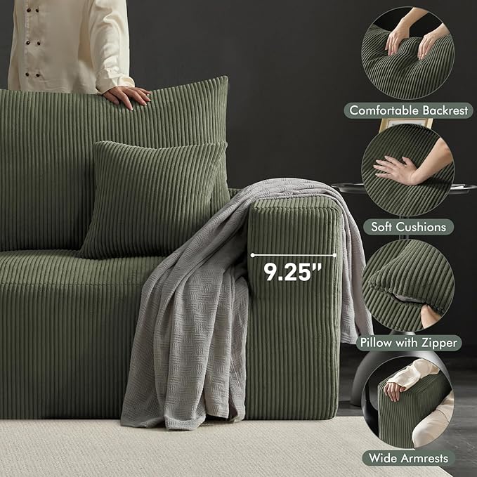 Boneless Sectional Cloud Couch Sofa Bed for Living Room, 112" Modular Modern Lounge 3 Seater Sleeper Green Couches with Chaise, No Assemble, Cordury Compression Upholstered Sofas