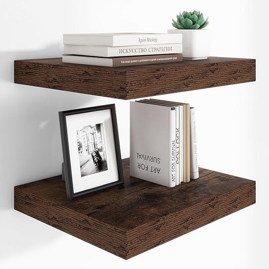 Heimlove 12 Inch Deep Floating Shelves, 16 x 12 inches Long Wall Shelf, Large Extra Display Shelf & Storage Shelf, Rustic Wood Wall Shelves for Fireplace Mantel, Brown - 2Pack