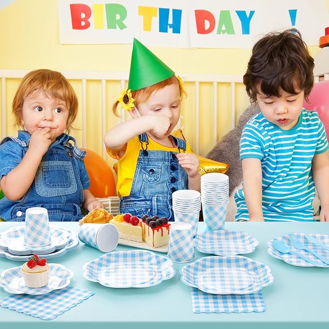 175 Pcs Blue Gingham Plates and Napkins Party Supplies - Blue and White Checkered Plates Sets Serve 25 Guests - Scalloped Gingham Paper Plate for Birthday Dinner Wedding Baby Shower Party Decorations