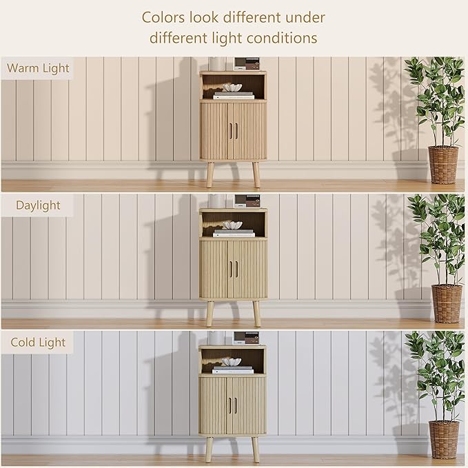 Alohappy Mid Century Modern End Table, Fluted Wood Nightstand with Sliding Tambour Door, Curved Round Edge Side Table with Storage Cabinet for Bedroom, Living Room, Natural Oak