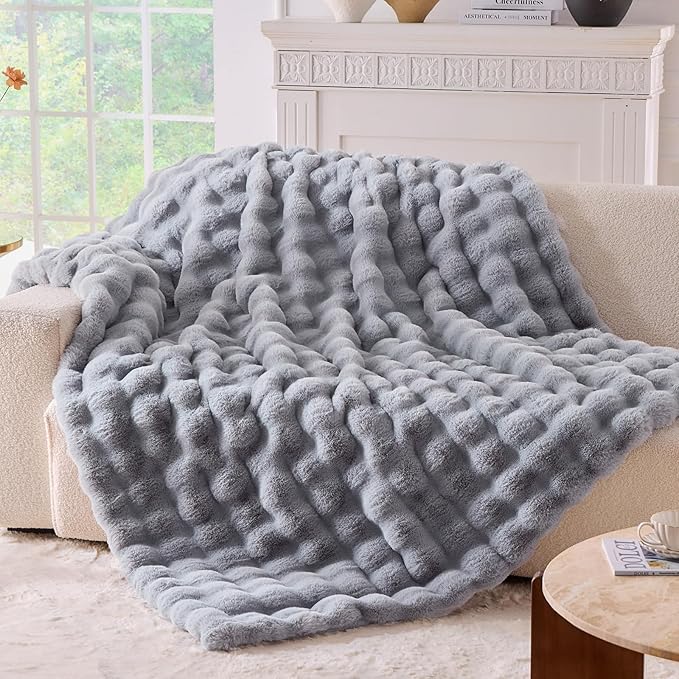 BENVWE Fluffy Faux Fur Throw Blanket for Couch, Soft Plush Thick Cozy Fuzzy Luxury Minky Bubble Blanket for Home Living Room Decor Gift for Women, Light Grey, 63" x 80", 1100GSM