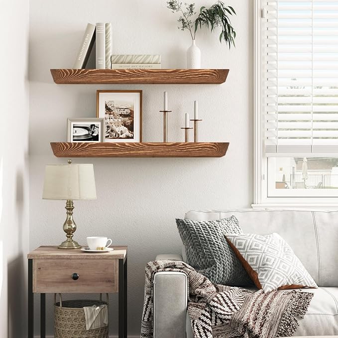 24"x6.8"x1.6" Slanted Floating Wall Shelves 2-Pack - Rustic Brown Finish, Heavy-Duty Solid Wood Design with Hidden Brackets - Perfect for Living Room, Kitchen, Bathroom, or Office