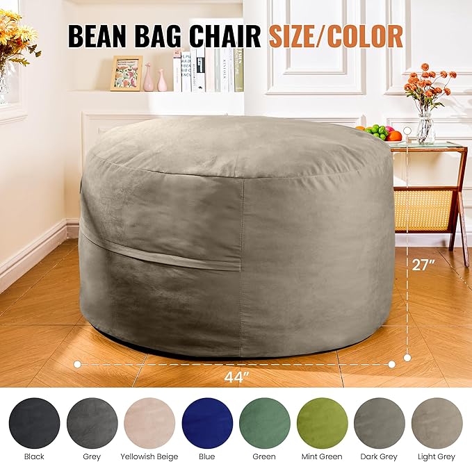 4FT Bean Bag Chair: Bean Bag with Velvet Cover, Fluffy and Comfy Bean Bag Chairs for Adults and Kids, Bean Bag Sofa Filled with High-Density Sponge for Gaming (Light Grey)