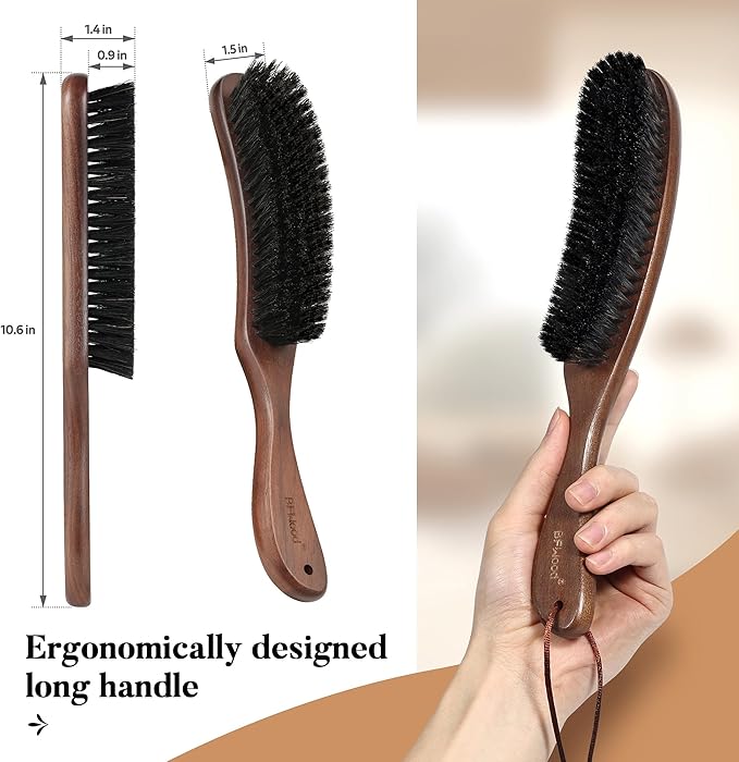BFWood Clothes Brush - Boar Bristle Lint Brush for Suits, Cashmere, Wool, Velvet, Suede and Pet Hair - Large Black Walnut Wood Handle