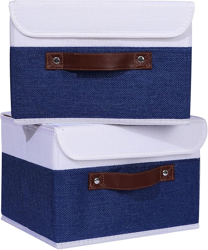 ANMINY 4PCS Storage Boxes with Lid Washable Decorative Storage Bin Basket with PU Leather Handle Foldable Linen Fabric Storage Cube Container for Home Closet Organizer - Deep Blue White, Small Size