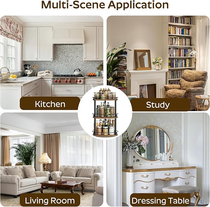 3-Tier Lazy Susan Organizer, Rotating Spice Rack, Spinning Organizer, Industrial Turntable Spice Rack Organizer for Cabinet, Kitchen Countertop, Pantry, Rustic Brown and Black SR23BR