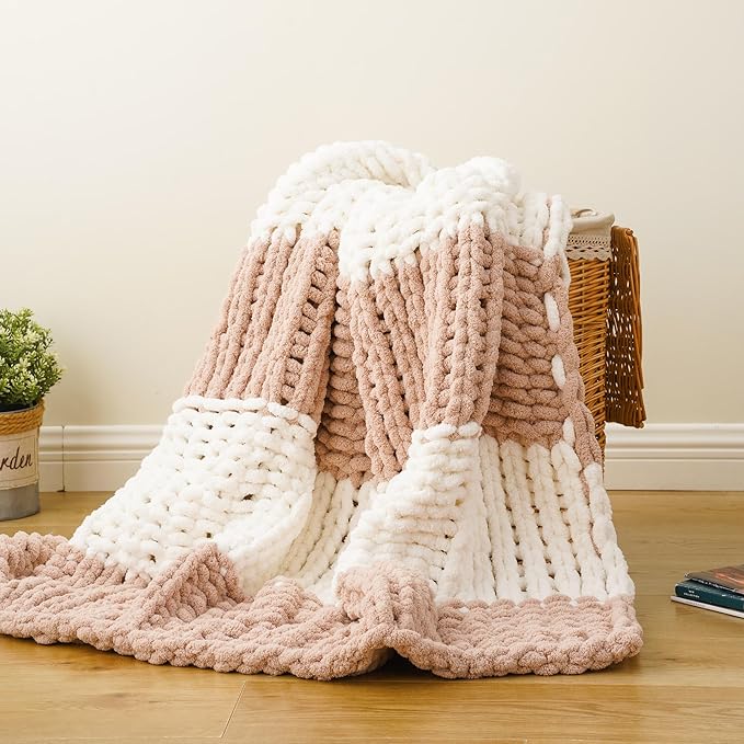Battilo Chunky Knit Throw Blanket, Soft and Thick Chenille Throw Blanket, 50"x60" Handmade Cable Knit Crochet Blanket, Large Rope Knot Throw Blankets for Couch Sofa Bed Home Decor, Blush & White