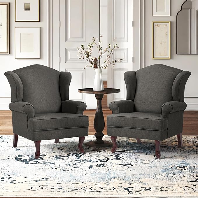 Accent Chair, High Back Upholstered Armchair with High Resilience Sponge & Wood Legs, Mid-Century Modern Comfy Single Sofa Reading Chairs for Living Room, Bedroom (Dark Grey, Set of 2)