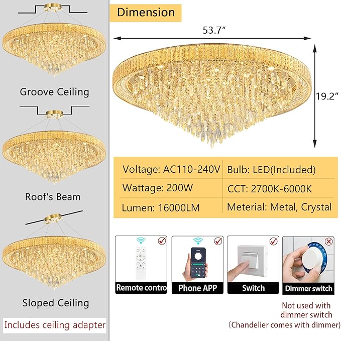53.7'' Modern Crystal Big Large Chandeliers LED Dimmable Flush Mount Ceiling Chandeliers for Living Room High Ceiling Entrance Foyer Lobby Bedroom Gold