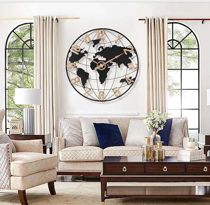 24 Inch Large Wall Clock for Living Room Decor,Big Modern Decorative Silent Metal World Map Wall Clock with Vintage Gold Arabic Numeral for Office,Living Room,Kitchen,Dining Room