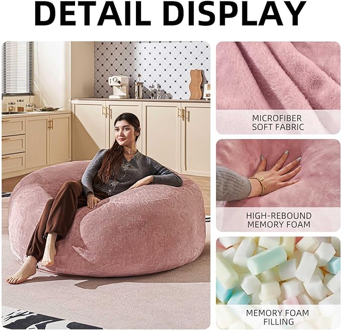 Bean Bag Chair 5Ft, Memory Foam Filled, Large Beanbag Chairs for Adults and Teens, Soft Sofa with Removable Flannel Cover, Round Couch for Living Room Bedroom College Dorm (Pink, 5FT-60×60"×24")