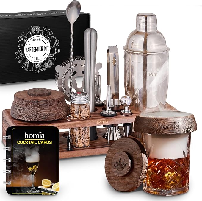 Bartender Kit with Whiskey Smoker - 13 pcs, Pine Stand - Bar Set with Cocktail Shaker, Bartending Kit with Essential Bar Accessory Tools, Wood Chips, Steel