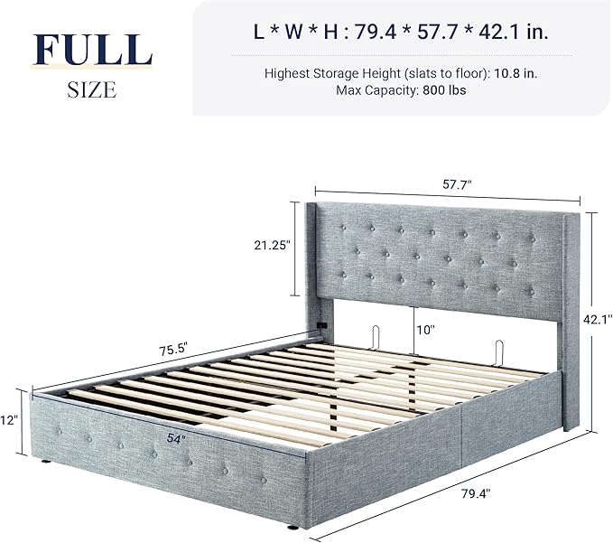 Allewie Full Size Lift Up Storage Bed, Button Tufted Headboard with Wingback, Hydraulic Support, No Box Spring Needed, Grey Blue