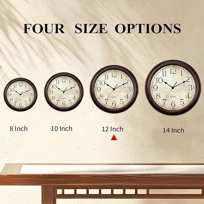 12 Inch Wall Clocks Battery Operated Silent Non-Ticking Analog Wall Clock Vintage Retro Rustic Style Decorative for Living Room Kitchen Home Office(Bronze)