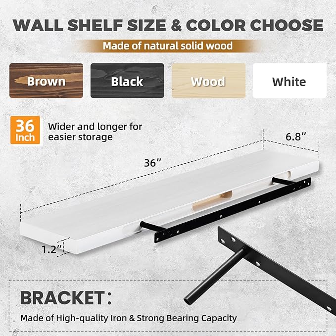 36"x6.8"x1.2" Solid Wood Floating Shelves 2-Pack - Rustic White Finish with Hidden Brackets, Perfect for Storage and Décor in Living Room, Kitchen, Bedroom