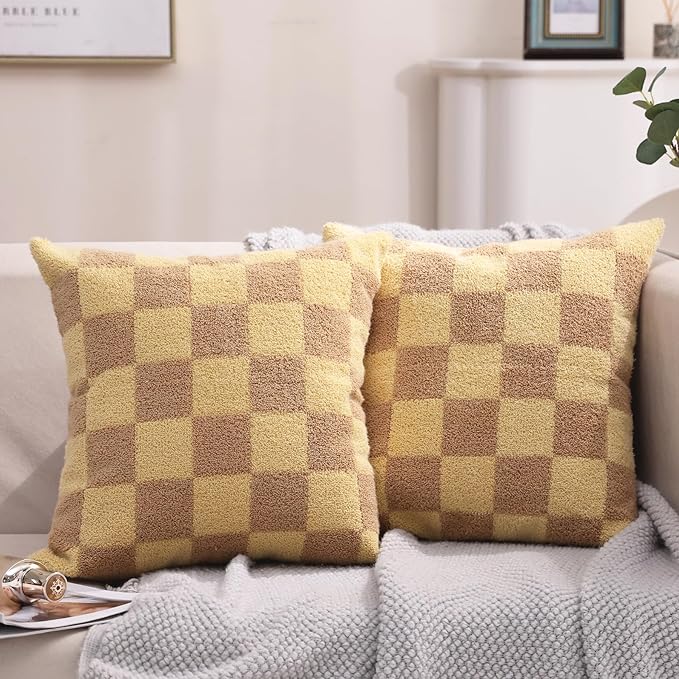 Alysheer Checkered Embroidered Decorative Throw Pillow Covers 18"x 18" Set of 2, Farmhouse Cottage Cream Ivory Plaid Tufted Patterned Cotton Canvas Cushion Case for Sofa Couch Bed Living Room