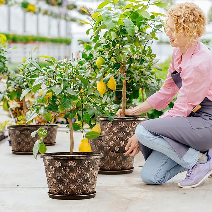 12 Inch Planter Pots for Plants, Plastic Large Flower Pots Indoor Outdoor, 4 Pack Resin Plant Pot with Drainage & Saucer, Retro Decorative Garden Pot with Removable Trays for House