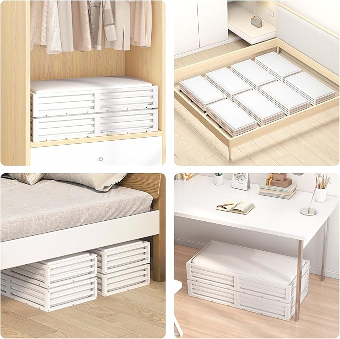 Bamboo Under Bed Storage Containers- Underbed Organizer with Wheels with Large Dust Bag,Sturdy Wood Rolling Under the Bed Shoe Storage Organizer Drawer 2 Packs (White, Long)