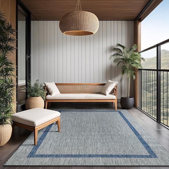 Bordered Outdoor Rug 6x9 Washable Outside Carpet for Indoor Patio Porch Waterproof Easy Cleaning Non Shedding Area Rugs Silver Gray - Blue 6 x 9