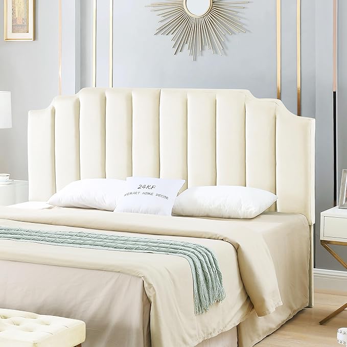 24KF Cream Velvet Tufted King Upholstered Headboard, Modern Vertical Channel Design California King Headboard with Stepped Silhouette Top Edge,Cream
