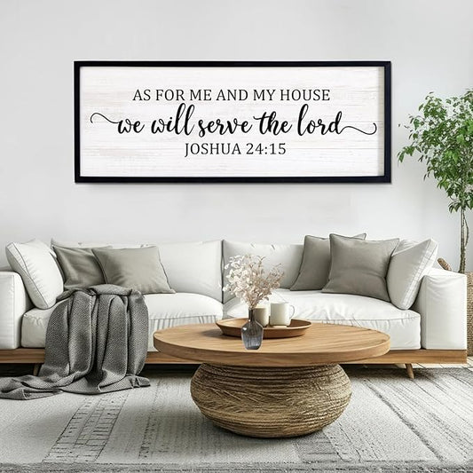 As For Me And My House We Will Serve The Lord Framed Wall Art, 40''×15'' Vintage Positive Religious Rustic Bible Verse for Christian God Jesus Christ Prayer, Horizontal Holy Catholic Scripture Decor