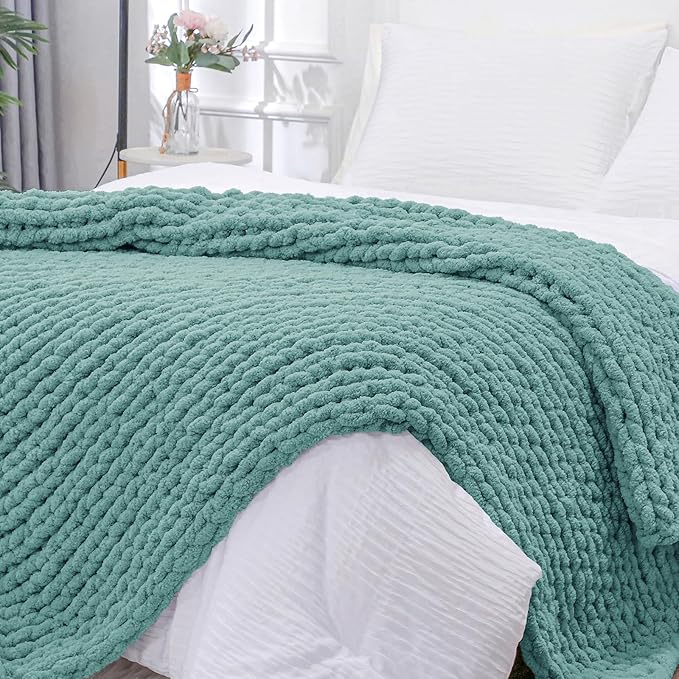 Bigacogo Chunky Knit Throw Blanket for Couch, 40x80 inches, 100% Hand Knitted with Thick Jumbo Chenille Yarn, Cozy Soft Large Rope Knot Cable Crochet Blankets for Sofa Bed Living Room, Light Teal