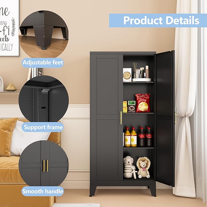 Black Metal Storage Cabinet, 48" Steel Cabinets for Home Office, Kitchen Pantry Storage Cabinet with Doors and 3 Adjustable Shelves, for Office, Home, Garage, School