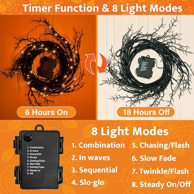 9 FT 72LED Halloween Willow Vine Twig Decor Branches Garland with Lights - 8 Modes Timer - Waterproof Battery Operated for Indoor Wall Fireplace Halloween Decorations