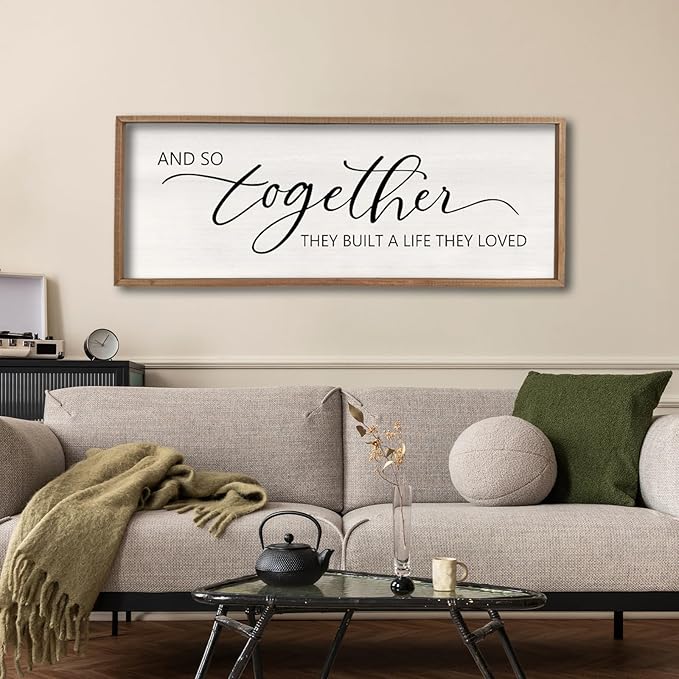 And So Together They Built A Life They Loved Sign 40”X15” Master Bedroom Above Bed Wall Decor Large Framed Wood Farmhouse Sign for Over Bed Bedside Wall Art for Love Sign Decor (Wood)