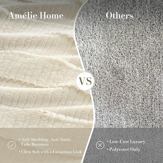Amélie Home Luxury Striped Faux Fur Throw Blanket for Couch, Embossed Split Fur Cozy Fuzzy Fluffy Luxurious Soft Plush Sofa Chair Bed Gift Blankets for Women Men Wife Friend, 55"x70", Ivory