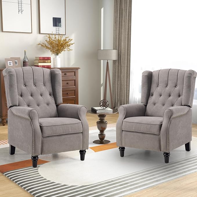 CANMOV Push Back Recliner Chair Set of 2, Modern Fabric Wingback Recliner Chair, Comfy Armchair Single Sofa Accent Chair with Padded Seat and Nailhead Trim, Tufted, Grey