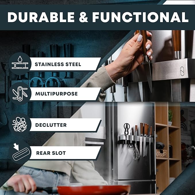 16" Magnetic Knife Holder for Wall with 2x Storage - Safe, Patented Storage Design - Stainless Steel Knife Magnetic Strip, Under Cabinet Knives Storage - Magnet Strip Rack Kitchen Utensil Organizer