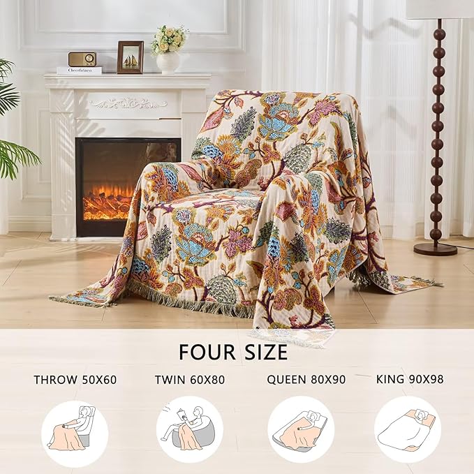 Boho Throw Blanket for Bed, Lightweight Reversible Summer Quilt, Cotton Blanket, Queen Size Boho Floral Bird Colorful Retro Quilt Ultra Soft Reversible Gauze Blanket for All Season, 80"x90"