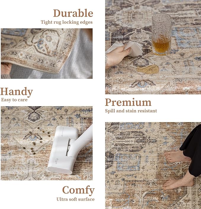 5'x7' Area Rug - Vintage Persian Medallion Design Low-Pile Faux Wool Rug, Non-Slip Backing, Machine Washable, for Living Room, Dining Room, Bedroom (Brick Red)