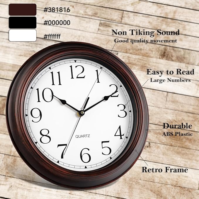 14 Inch Wall Clocks Battery Operated Silent Non-Ticking Wall Clock Vintage Retro Rustic Style Decorative for Living Room Kitchen Farmhouse (Bronze)