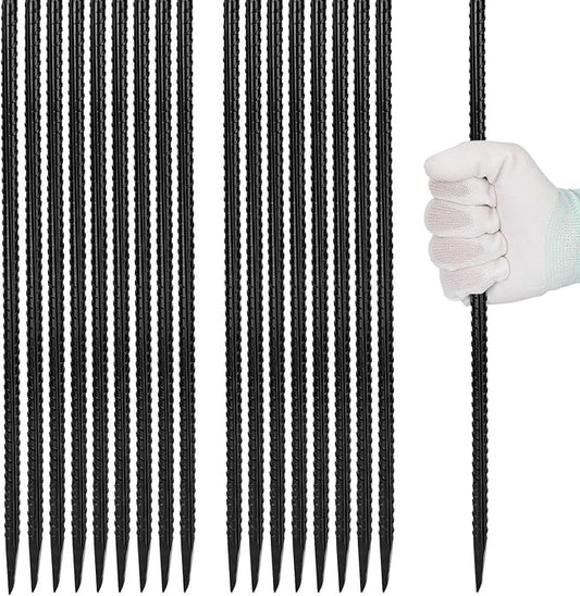 16 inches Rebar Stakes 18-Pack Heavy Duty Ground Stakes Rebar Spikes Garden Stakes Metal Steel Stake for Concrete and Timber Straight Black