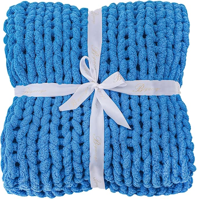 Bigacogo Chunky Knit Throw Blanket for Couch, 40x60 inches, 100% Hand Knitted with Thick Jumbo Chenille Yarn, Cozy Soft Large Rope Knot Cable Crochet Blankets for Sofa Bed Living Room, Bright Blue
