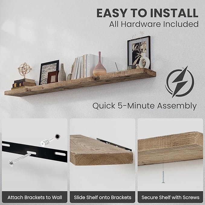 72 inch Floating Shelves for Wall, 8" Deep Rustic Reclaimed Barnwood Shelves, Floating Shelf Wall Hanging Shelves with Invisible Heavy-Duty Metal Bracket | Wall Mounted | Farmhouse Style, 1PC,Natural